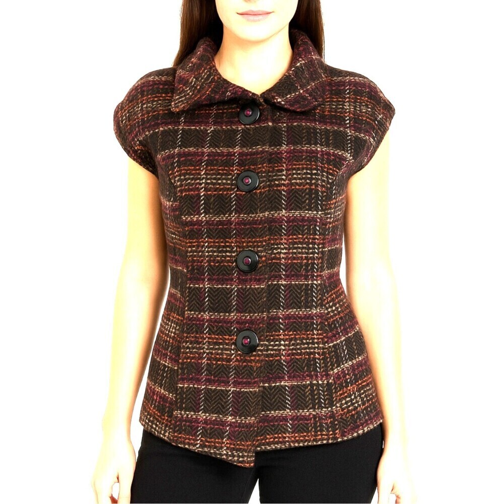 Cabi Womens Brown Tweed Plaid Button Up Sleeveless Jacket Wool Vest SZ SM